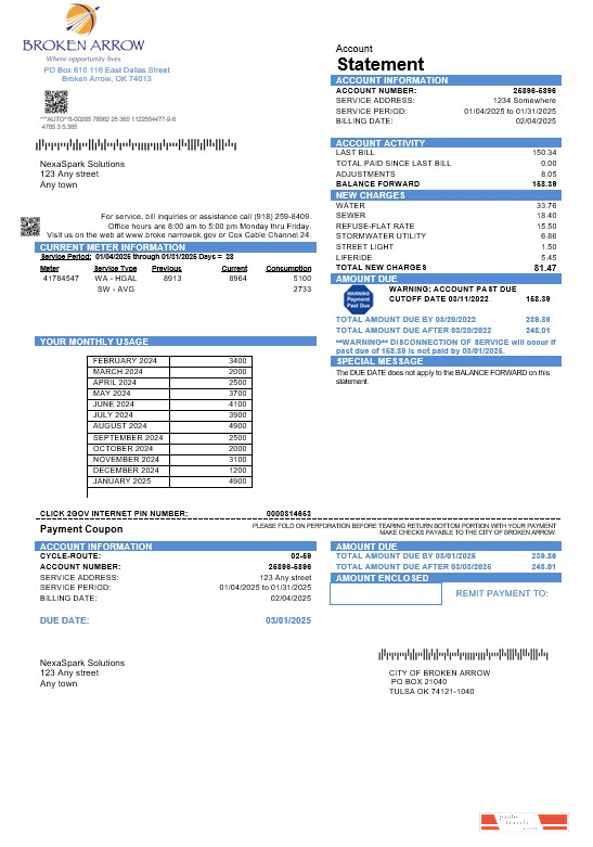 USA Oklahoma City of Broken Arrow business utility bill template in Word and PDF formats